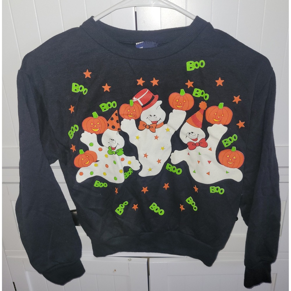Vintage Honors Halloween‎ Sweatshirt Ghosts Pumpkins Boo Stars Size M 7/8 Retro